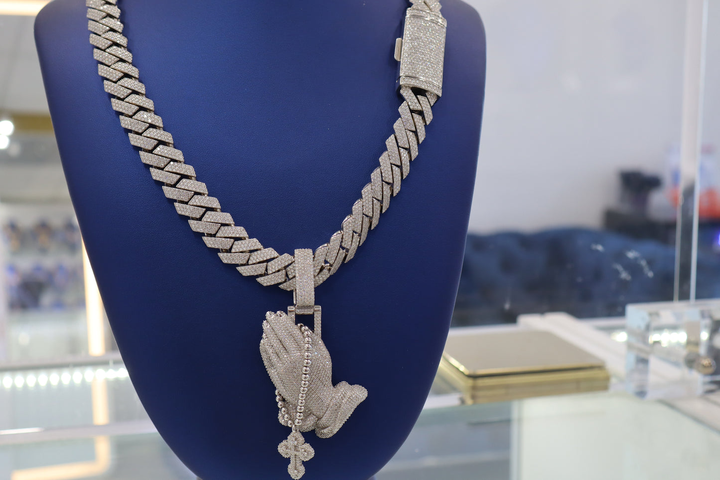 Silver with Moissanite Praying Hands 14mm & 22" Chain