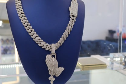 Silver with Moissanite Praying Hands 14mm & 22" Chain