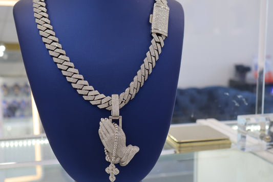 Silver with Moissanite Praying Hands 14mm & 22" Chain
