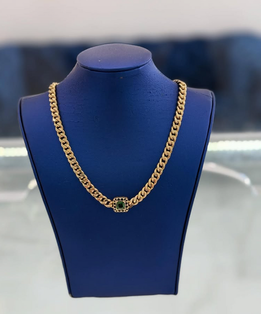 14K Hollow Cuban Chain with Emerald